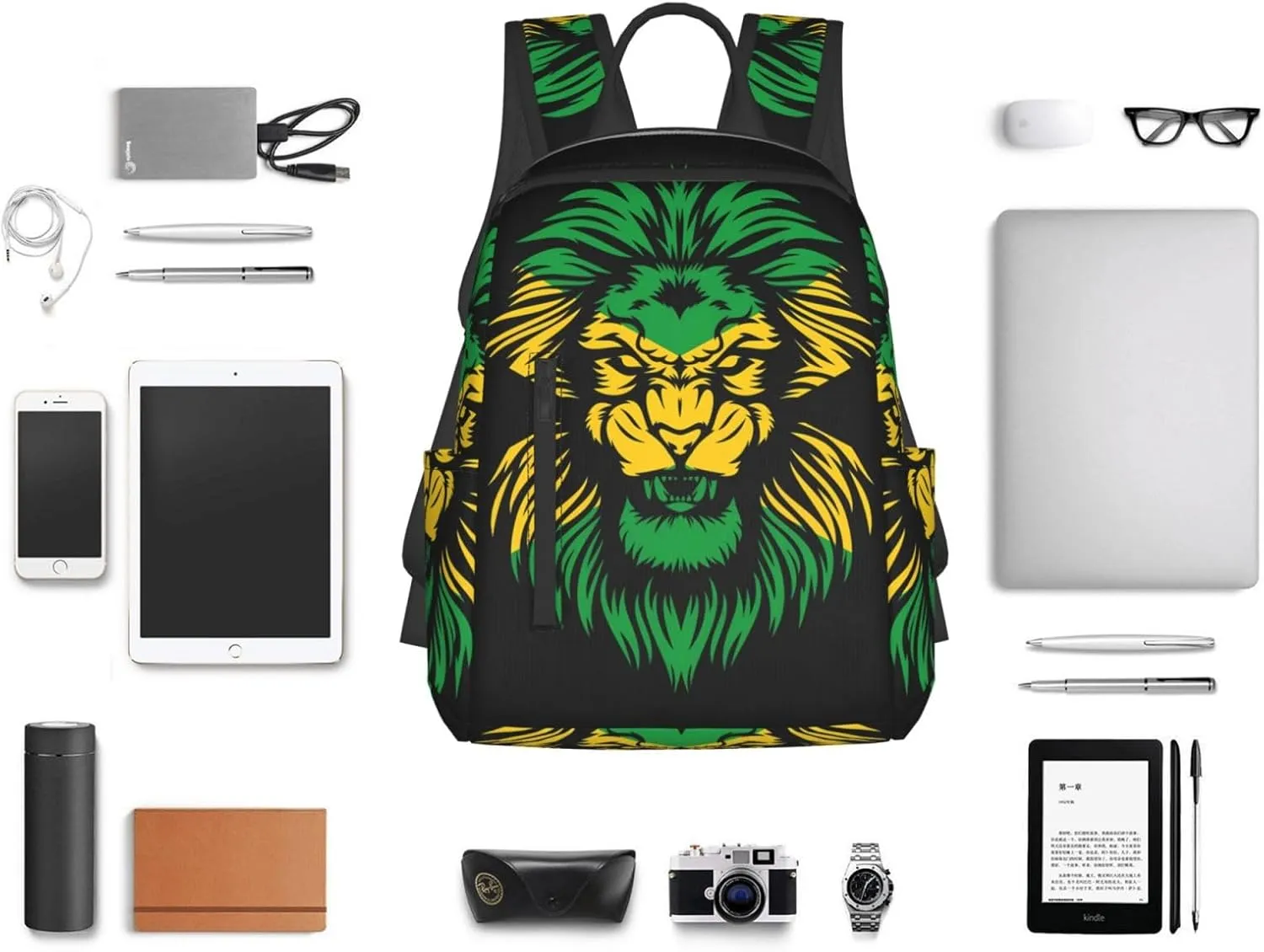 Jamaican Flag Rasta Lion Head Travel Backpacks Casual Laptop Backpack Sport Rucksack Large Capacity Daypack Multi-Pockets Adjustable Strap Bag for Working Hiking