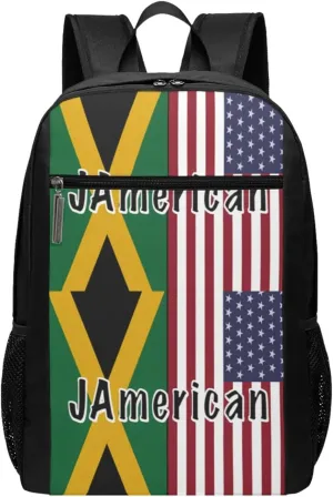 Jamaican Roots And American Flag Casual Backpacks Sports Backpack Large Capacity Travel Rucksack Laptop Daypack with Multi-Pockets Adjustable Strap Work Bag for Hiking
