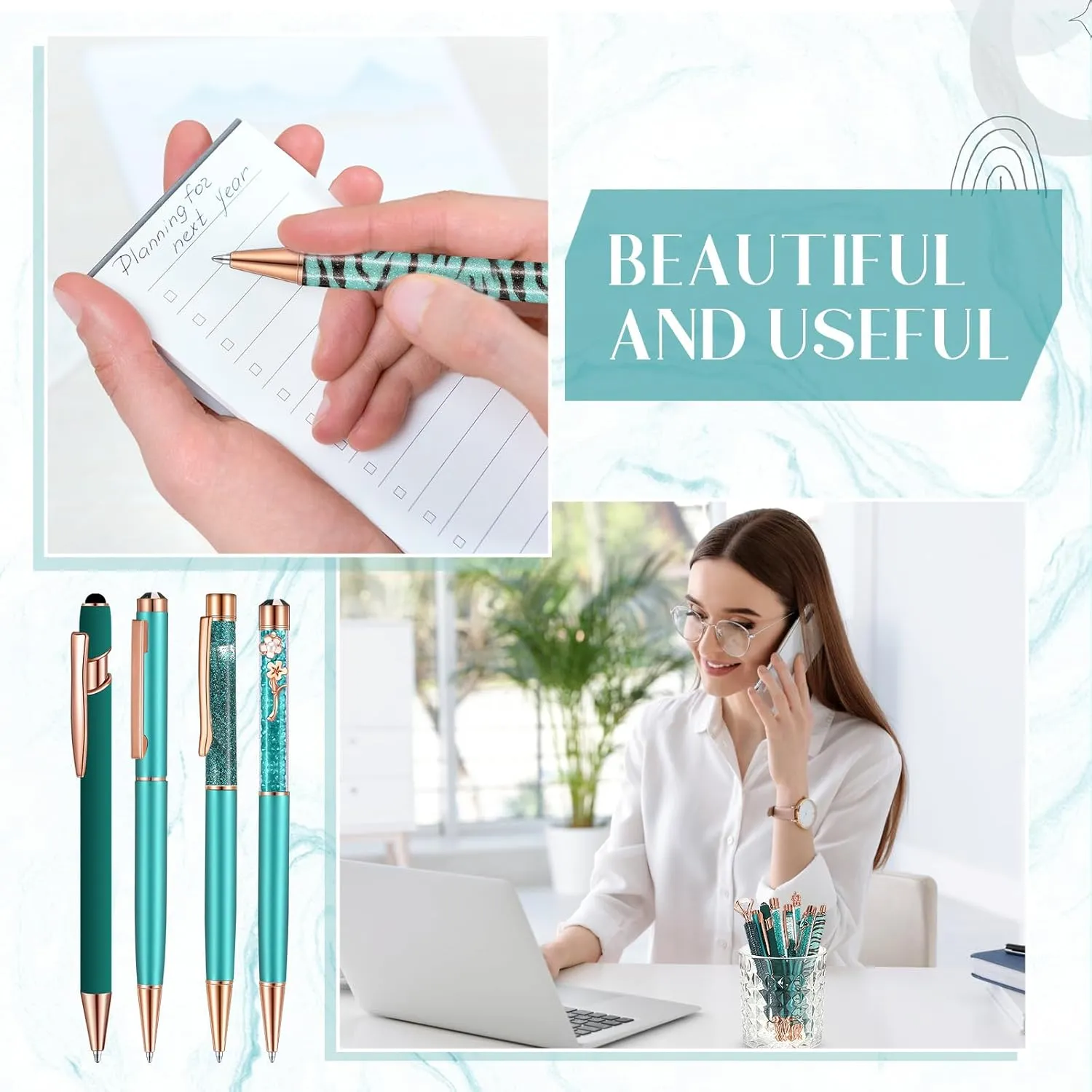 Janmini 9 Pcs Ballpoint Pens Set Metal Crystal Diamond Glitter Pens for Journaling Black Ink Pretty Cute Things Fancy Stationery Gifts for Women Girls Birthday Home Office Desk(Teal)