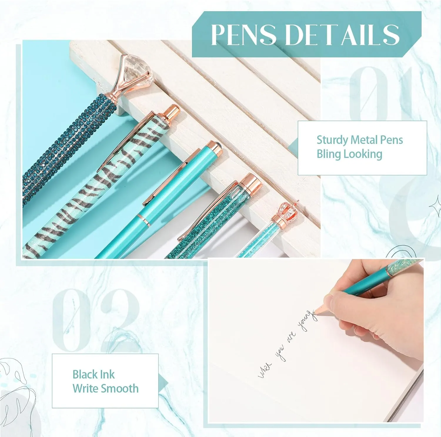 Janmini 9 Pcs Ballpoint Pens Set Metal Crystal Diamond Glitter Pens for Journaling Black Ink Pretty Cute Things Fancy Stationery Gifts for Women Girls Birthday Home Office Desk(Teal)