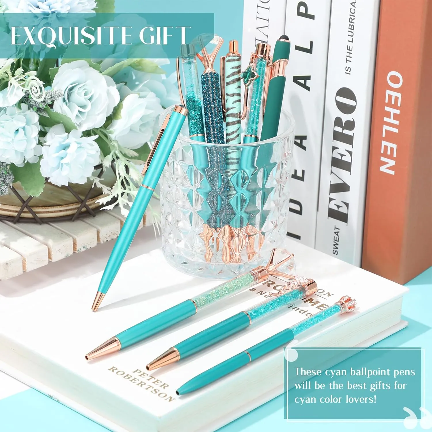 Janmini 9 Pcs Ballpoint Pens Set Metal Crystal Diamond Glitter Pens for Journaling Black Ink Pretty Cute Things Fancy Stationery Gifts for Women Girls Birthday Home Office Desk(Teal)