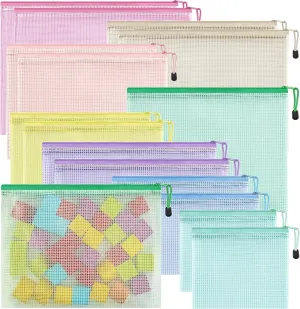 JARLINK 16pcs Mesh Zipper Pouch for Organizing, 8 Sizes Waterproof Zipper Storage Bags, 8 Colors Plastic File Pouch, Multipurpose for Travel, School, Board Game, Puzzles, Office, and Home Organize