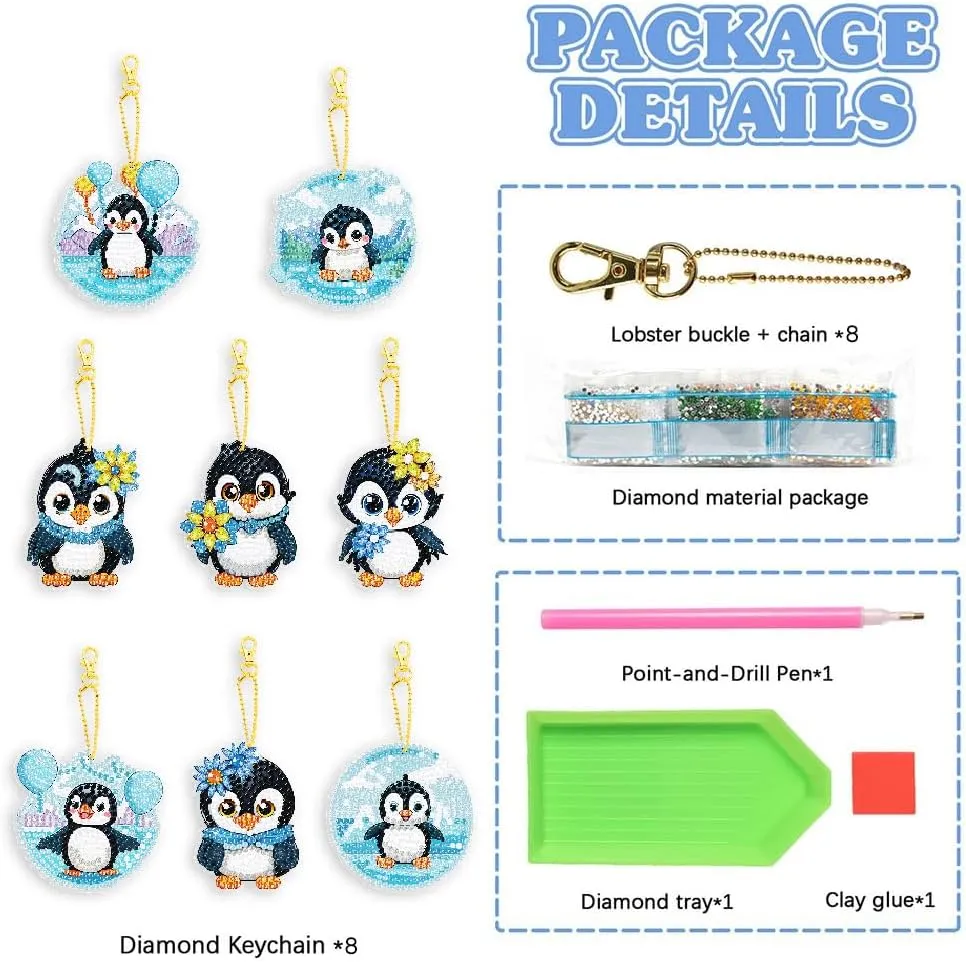 JBTM24 8 Pcs Diamond Painting Keychain Kits, Double Sided Diamond Art Keychains for Adults, DIY Art Key Rings Ornaments Kits, Backpack Handbag Ornaments Decoration, Penguin