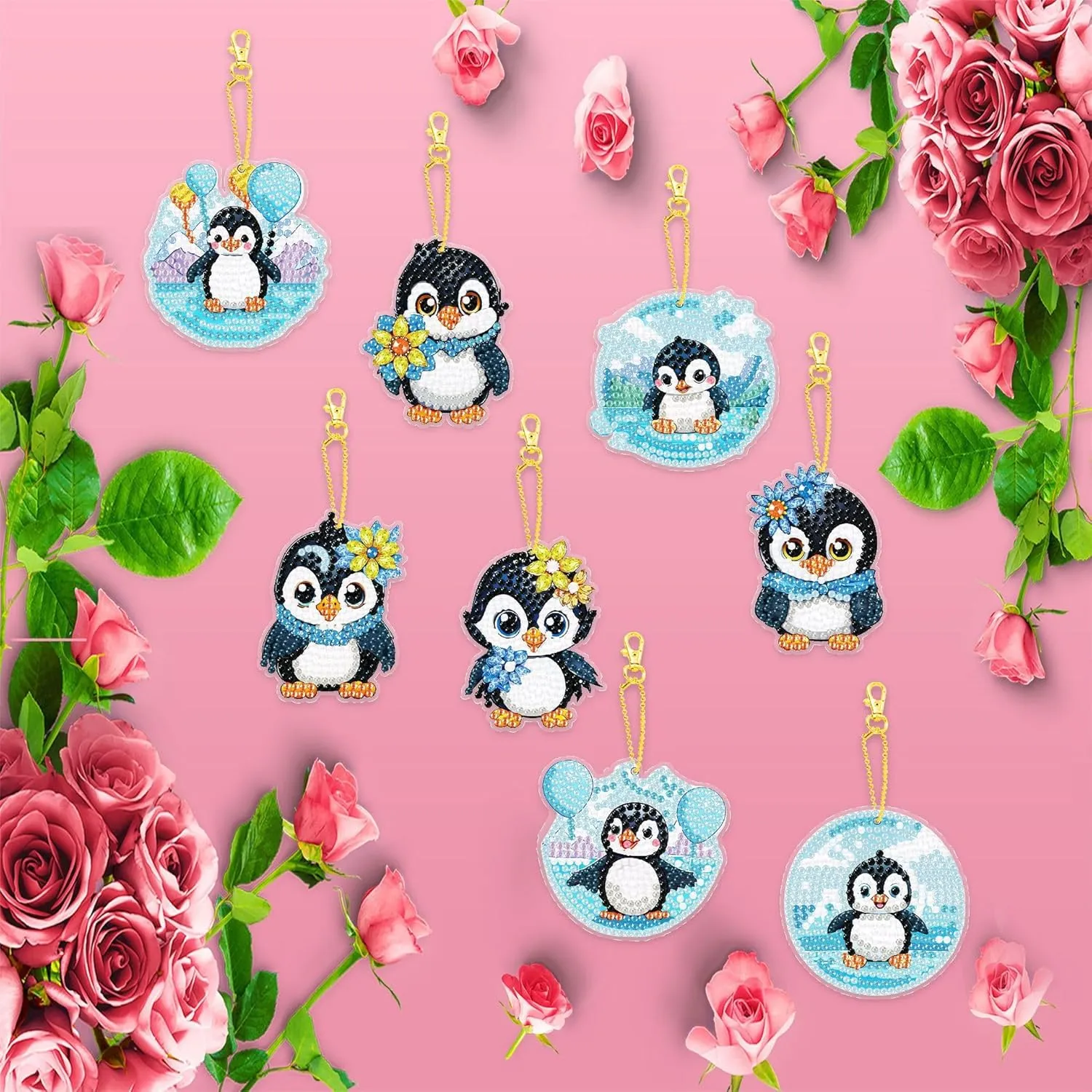 JBTM24 8 Pcs Diamond Painting Keychain Kits, Double Sided Diamond Art Keychains for Adults, DIY Art Key Rings Ornaments Kits, Backpack Handbag Ornaments Decoration, Penguin