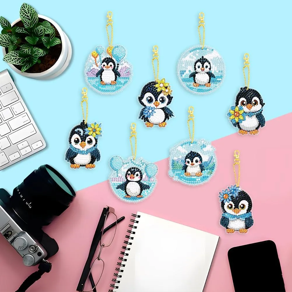 JBTM24 8 Pcs Diamond Painting Keychain Kits, Double Sided Diamond Art Keychains for Adults, DIY Art Key Rings Ornaments Kits, Backpack Handbag Ornaments Decoration, Penguin