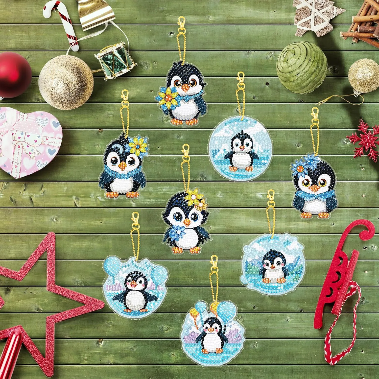 JBTM24 8 Pcs Diamond Painting Keychain Kits, Double Sided Diamond Art Keychains for Adults, DIY Art Key Rings Ornaments Kits, Backpack Handbag Ornaments Decoration, Penguin