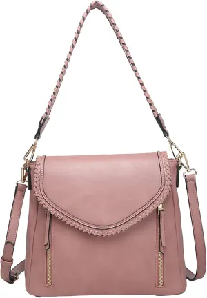 JEN & CO. Lorelei Double Zip Whipstitch Trim, Vegan Leather Crossbody Handbag Purse