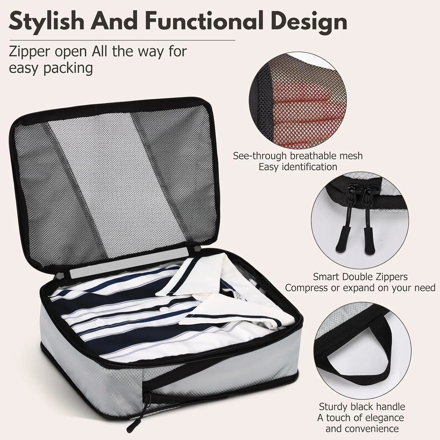 Jetsetta Extra Large Compression Packing Cubes with Mesh, Expandable Suitcase and Luggage travel packing cubes set for Travel Accessories (Grey 4 Set)