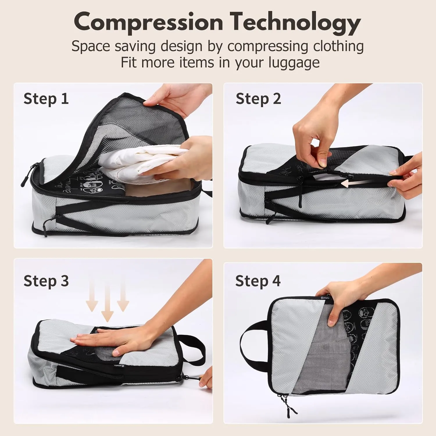 Jetsetta Extra Large Compression Packing Cubes with Mesh, Expandable Suitcase and Luggage travel packing cubes set for Travel Accessories (Grey 4 Set)