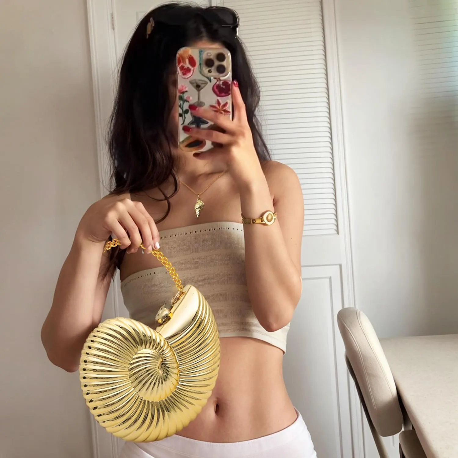JeVenis Gold Seashell Clutch Acrylic Transparent Chain Bag Purse Summer Beach Evening Bag Shoulder Handbag