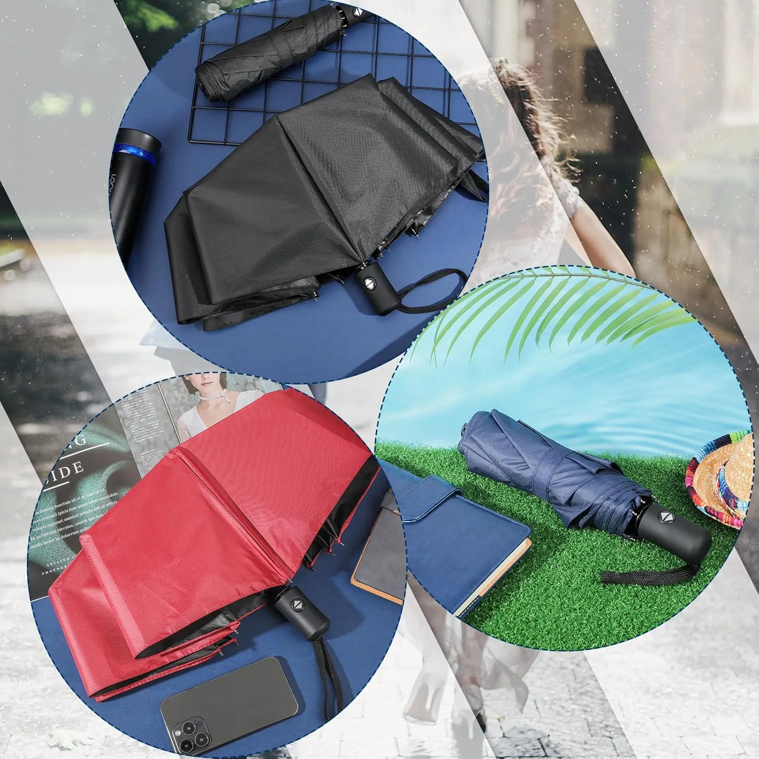 Jexine 6 Pcs Travel Compact Umbrella Automatic Open Close Windproof Small Light Backpack Purse Car Portable Collapsible Umbrella for Rain, Men Women
