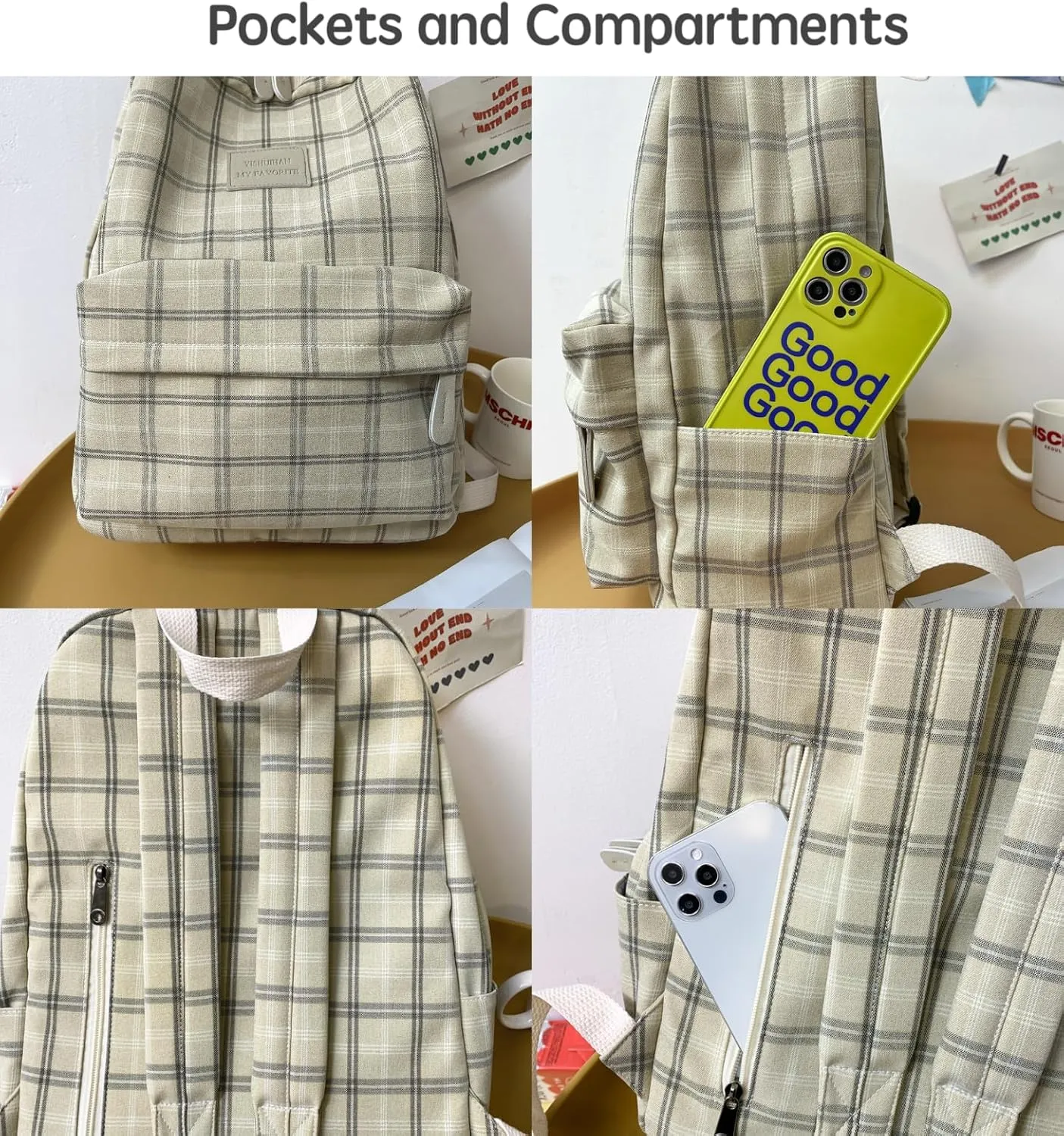 JHTPSLR Light Academia Aesthetic Backpack Plaid Preppy Backpack Teen Girls Book Bags Back to School Backpack Supplies (Light Grey)