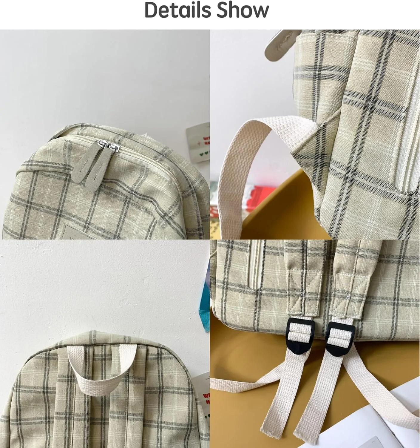JHTPSLR Light Academia Aesthetic Backpack Plaid Preppy Backpack Teen Girls Book Bags Back to School Backpack Supplies (Light Grey)