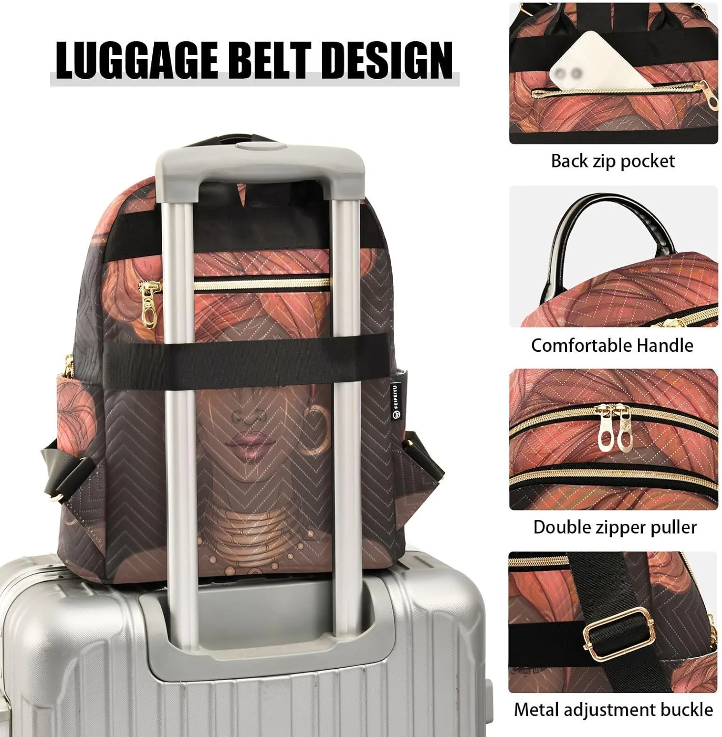 JIPONI African American Pretty Girl Backpack Purse for Women Lightweight Back Pack Casual Daypack Travel Shoulder Bag Bookbag - S