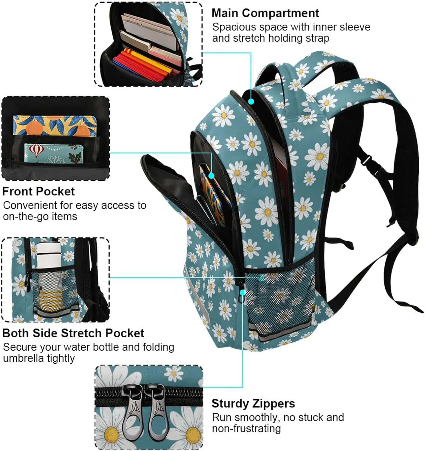 JIPONI Daisy Flower Blue Back Backpack For Girls Boys School Kids Bookbag Travel Laptop Backpack Purse Daypack With Chest Strap