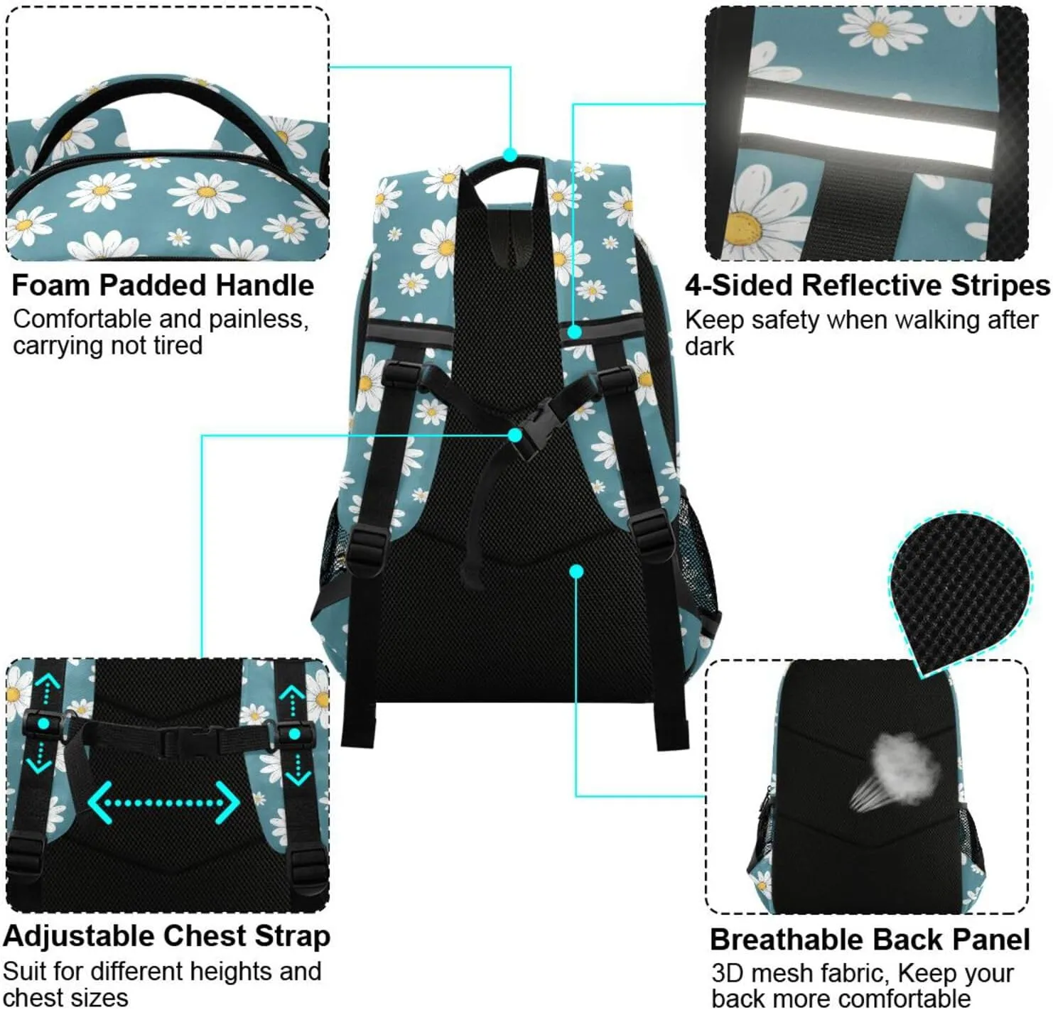 JIPONI Daisy Flower Blue Back Backpack For Girls Boys School Kids Bookbag Travel Laptop Backpack Purse Daypack With Chest Strap