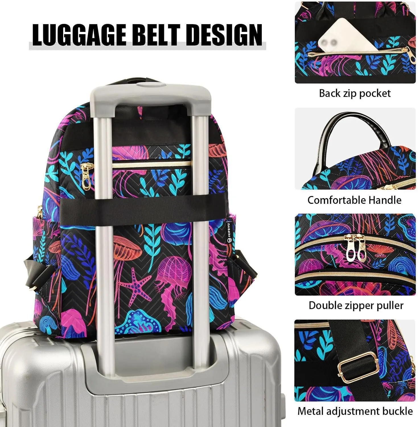 JIPONI Jellyfish Seaweed Small Backpack for Women, Travel Purse Back Pack, Casual Daypack, Lightweight Bag-S