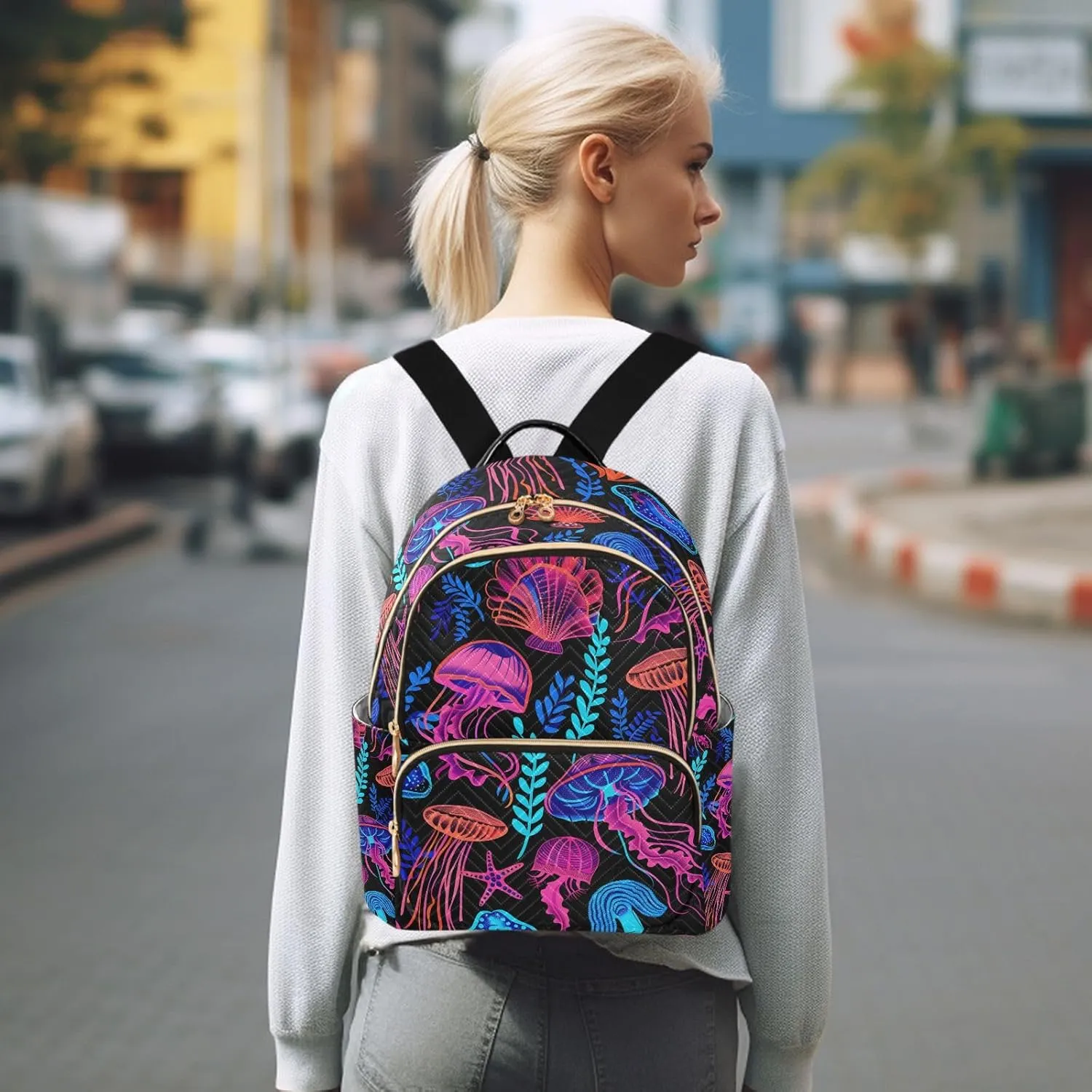JIPONI Jellyfish Seaweed Small Backpack for Women, Travel Purse Back Pack, Casual Daypack, Lightweight Bag-S