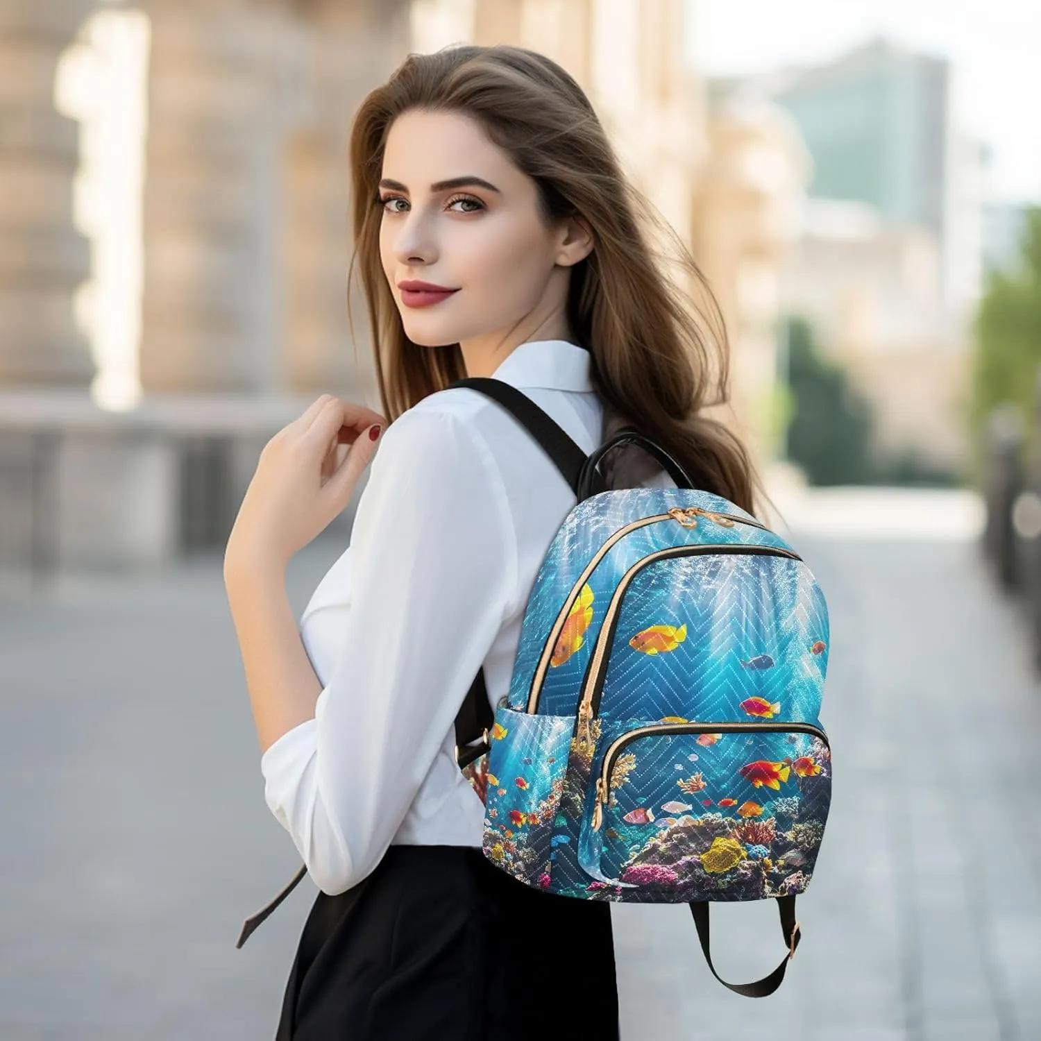 JIPONI Tropical Fish Seafloor Small Backpack for Women, Travel Purse Back Pack, Casual Daypack, Lightweight Bag-S