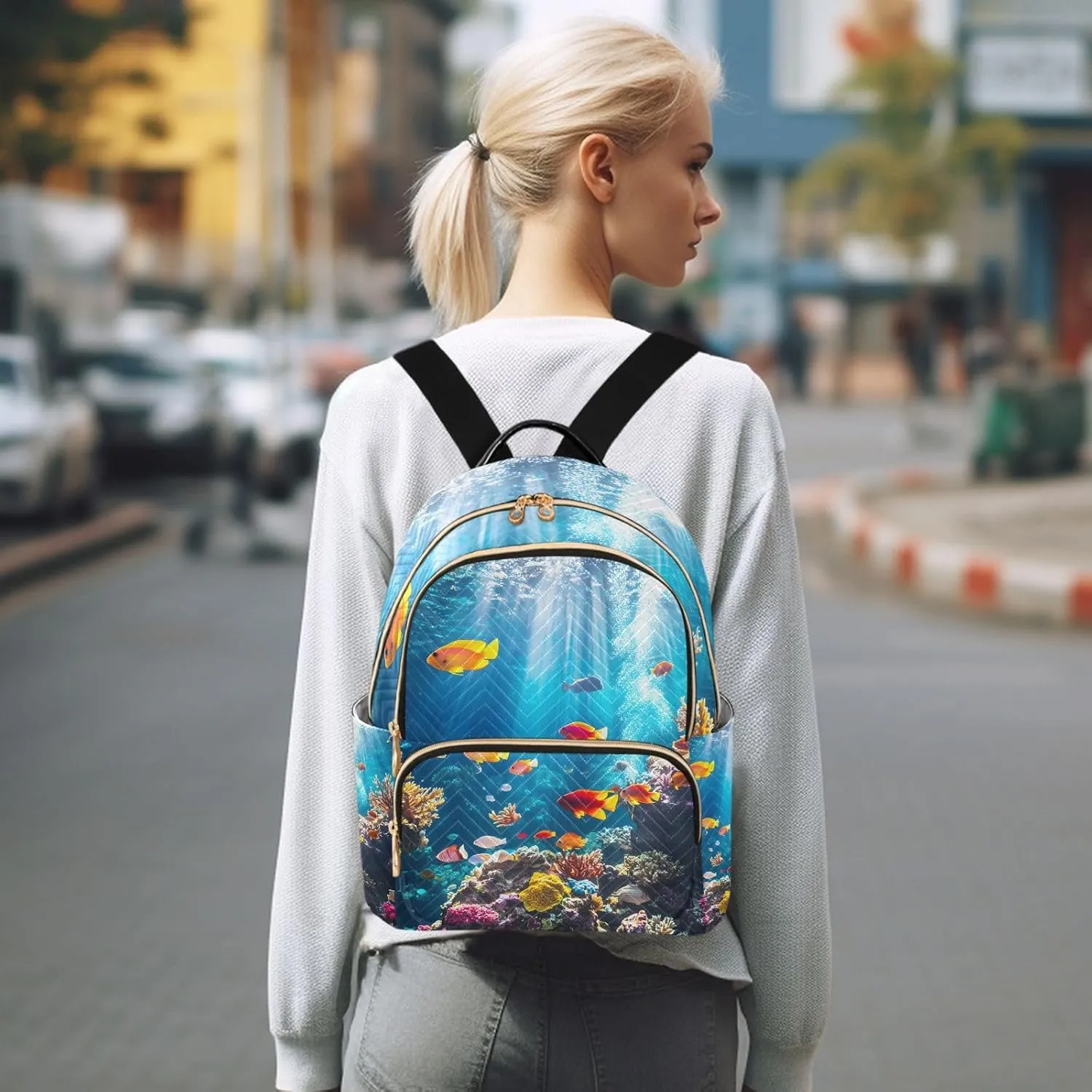 JIPONI Tropical Fish Seafloor Small Backpack for Women, Travel Purse Back Pack, Casual Daypack, Lightweight Bag-S