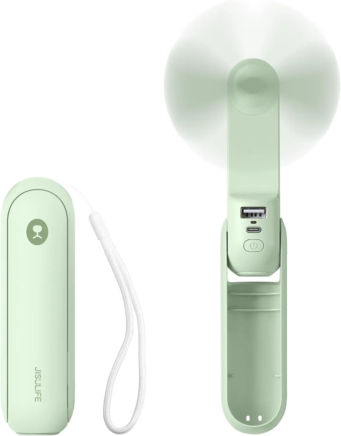 JISULIFE Portable Handheld Fan, Mini 3 In 1 with Rechargeable Battery, Personal Pocket Fan for Travel, Outdoor, USB Power Bank, Flashlight, Essential Ideal Gifts for Men/Women/Family/Friends - Green