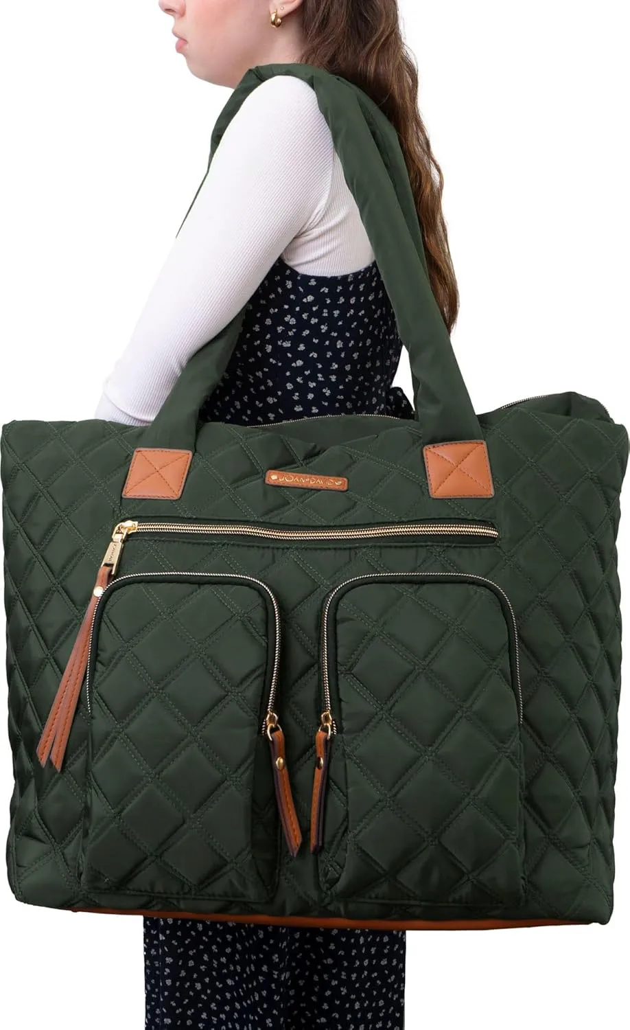 Joan & David 21 Inch Diamond Quilted Nylon Workbook Tote (Hunter Green)
