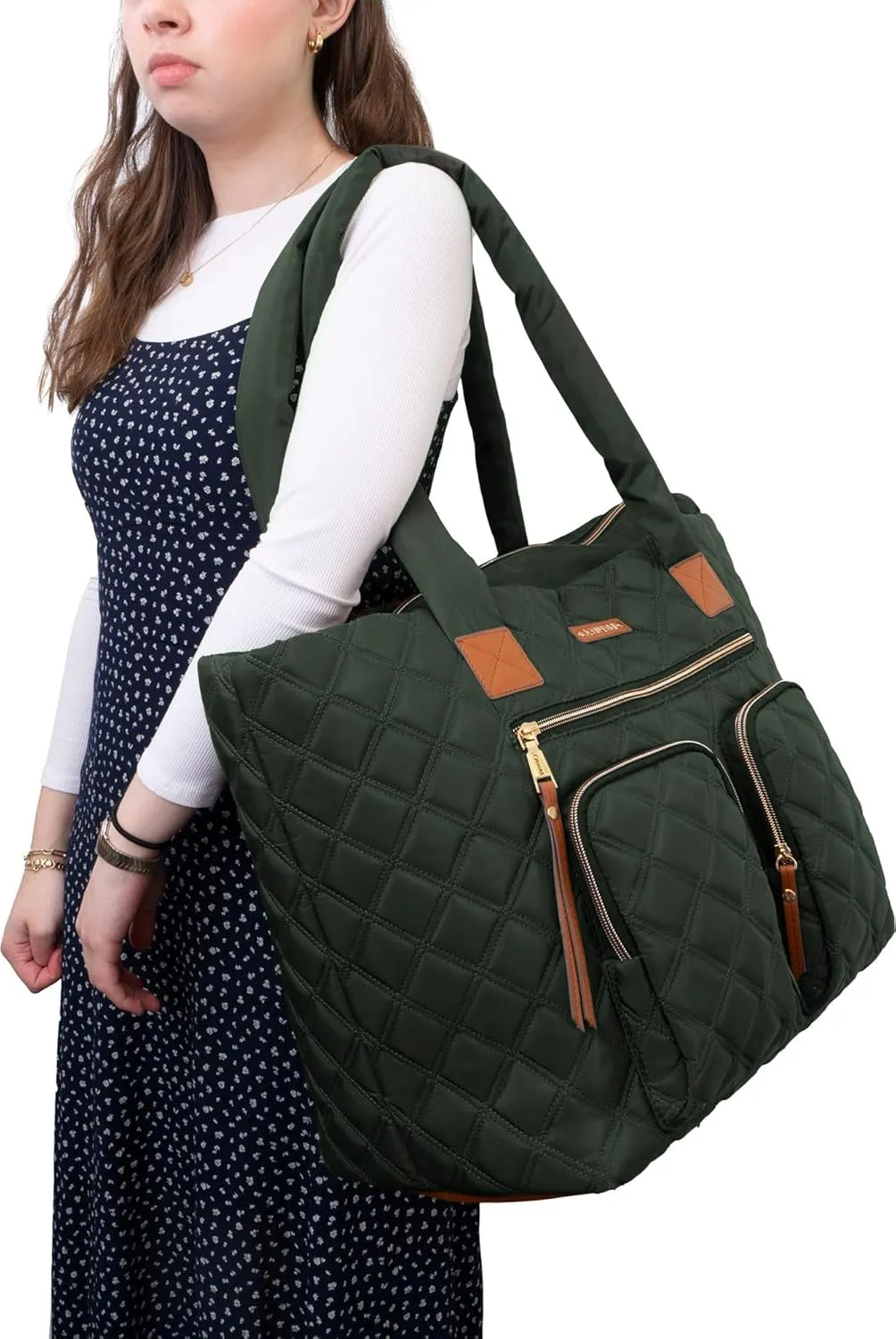 Joan & David 21 Inch Diamond Quilted Nylon Workbook Tote (Hunter Green)