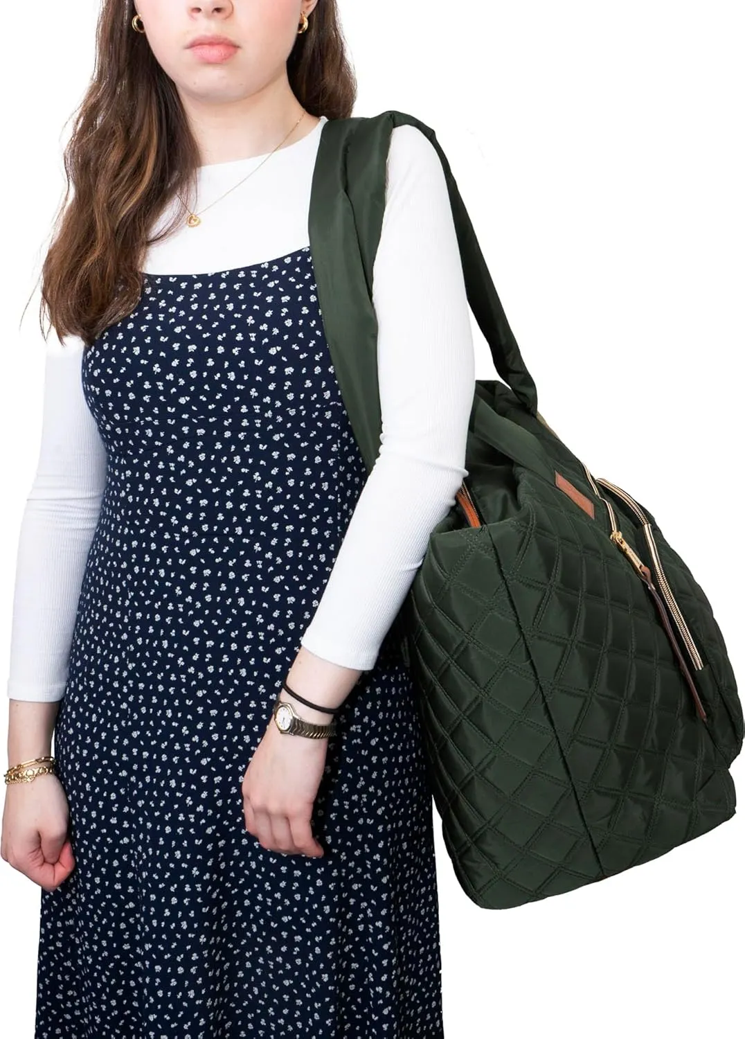 Joan & David 21 Inch Diamond Quilted Nylon Workbook Tote (Hunter Green)
