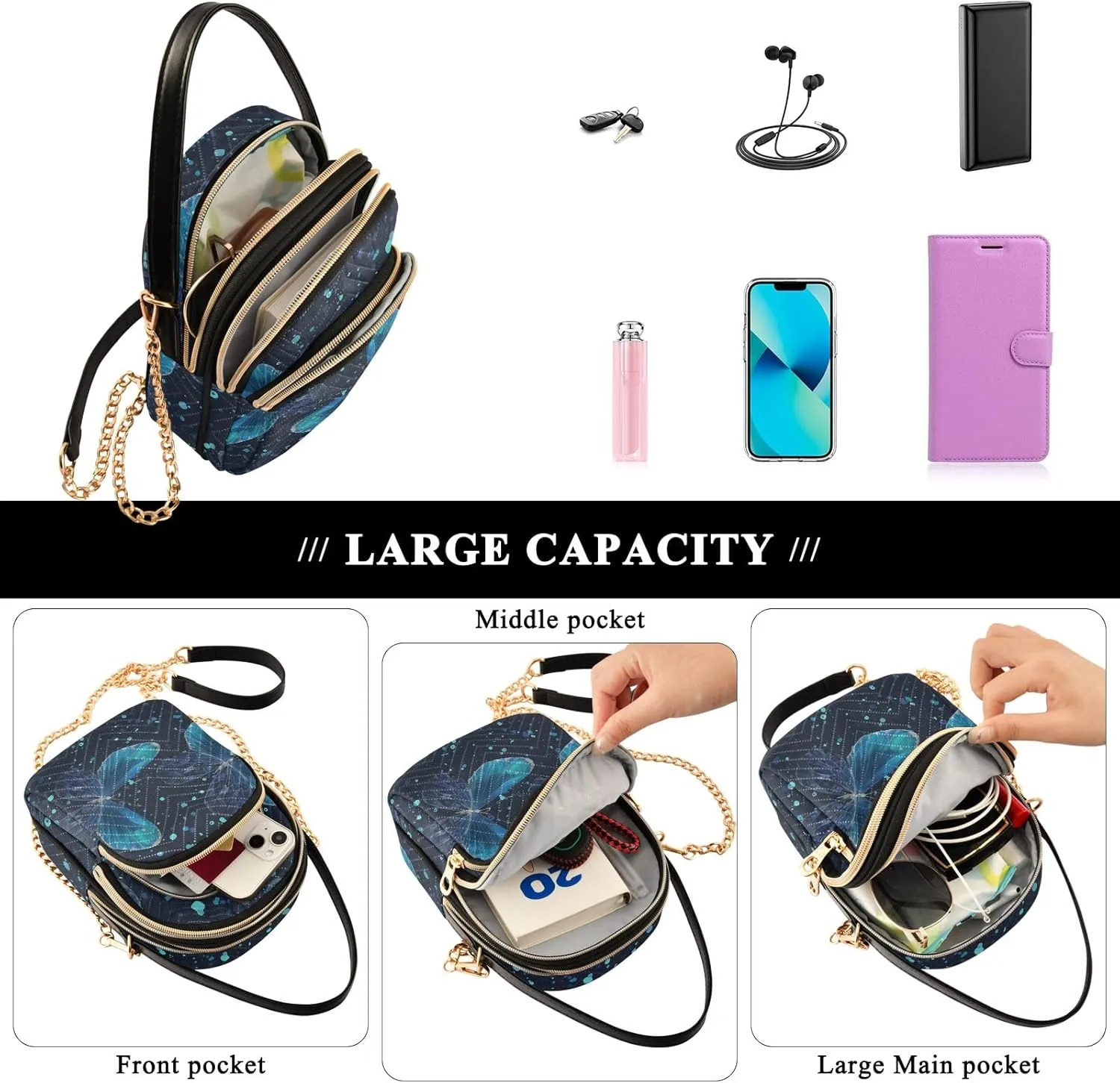 Joisal Blue Butterflies Small Purses for Women Crossbody, Shoulder Purses Trendy Handbag for Women, Small Cell Phone Purse