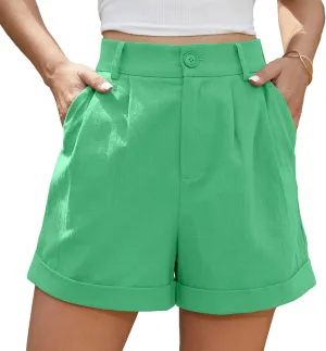 Jouica Womens Summer High Waist Linen Shorts Roll Up Pleated Zippered Wrap Hem Wide Leg Shorts with Pockets