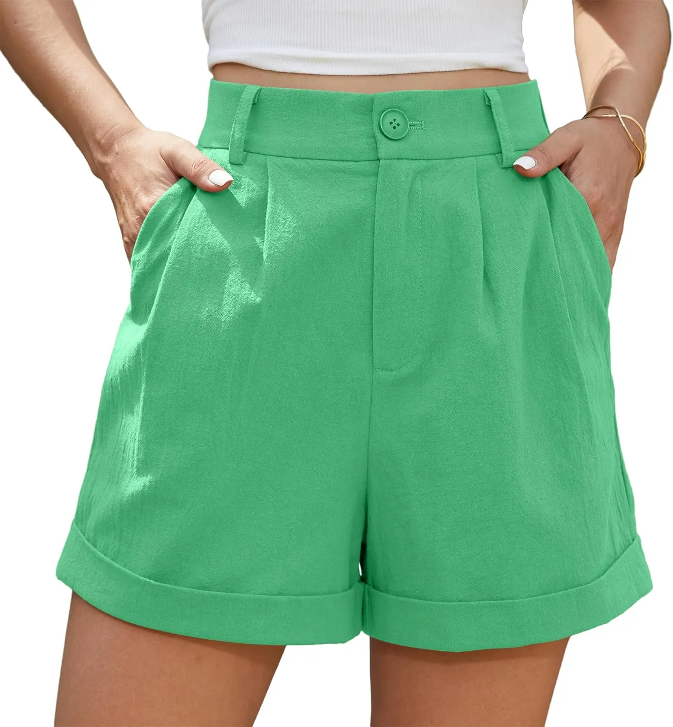 Jouica Womens Summer High Waist Linen Shorts Roll Up Pleated Zippered Wrap Hem Wide Leg Shorts with Pockets