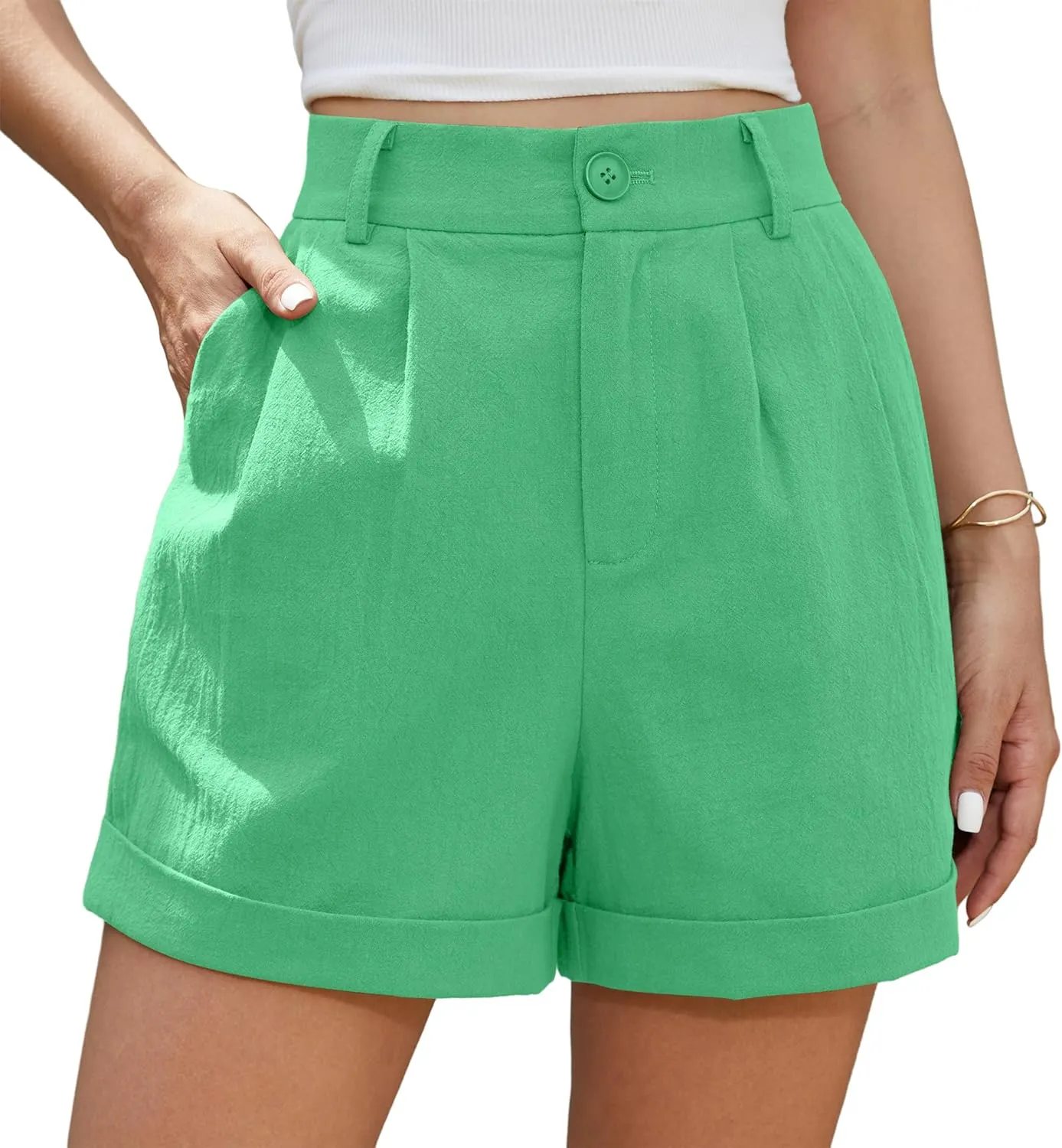 Jouica Womens Summer High Waist Linen Shorts Roll Up Pleated Zippered Wrap Hem Wide Leg Shorts with Pockets