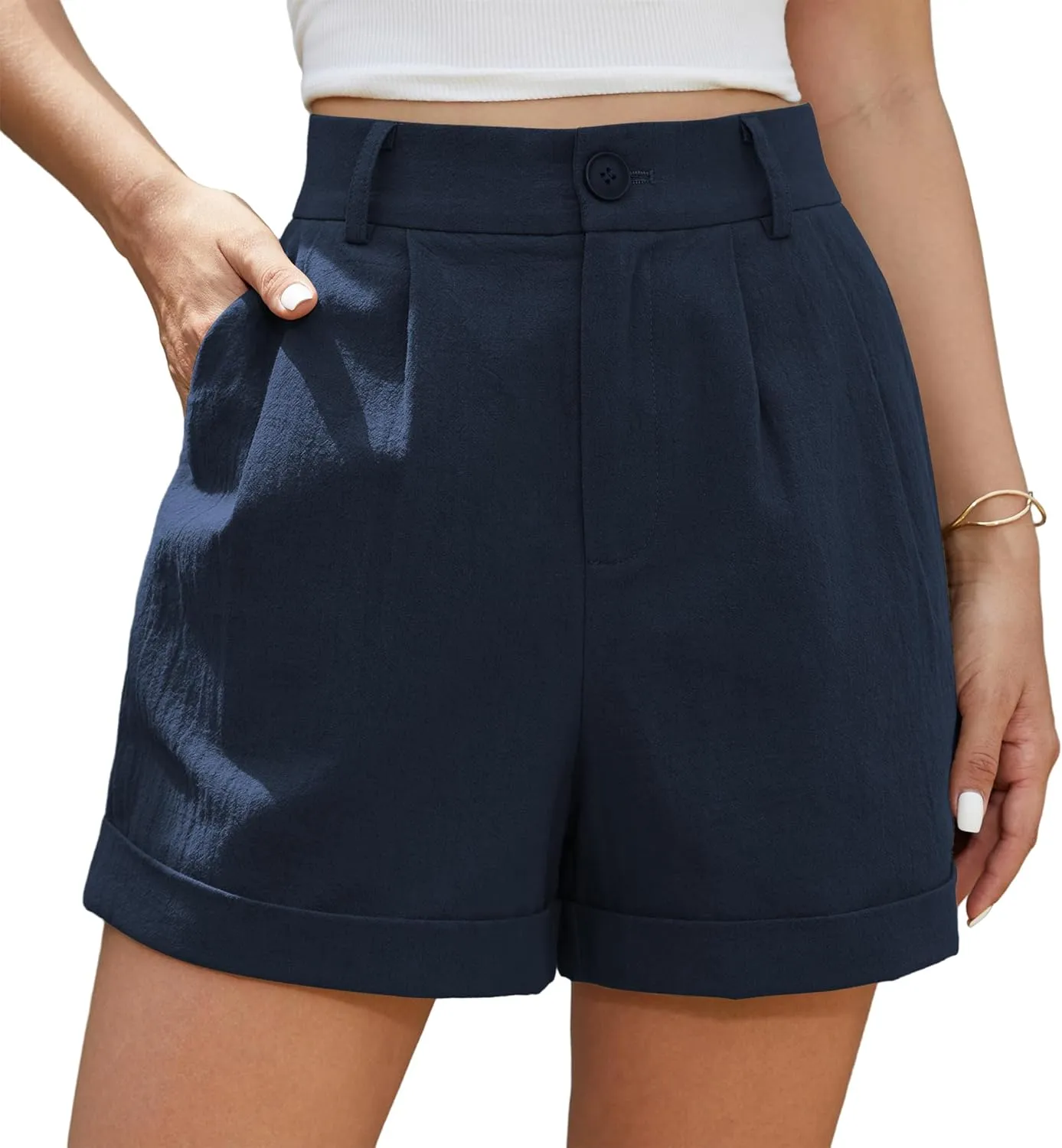 Jouica Womens Summer High Waist Linen Shorts Roll Up Pleated Zippered Wrap Hem Wide Leg Shorts with Pockets