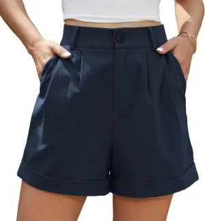 Jouica Womens Summer High Waist Linen Shorts Roll Up Pleated Zippered Wrap Hem Wide Leg Shorts with Pockets