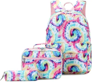 Joyfulife Girls Backpacks, Tie Dye Backpack for Girls Kids Bookbags School Backpack with Lunch Box (Tie Dye Pink)