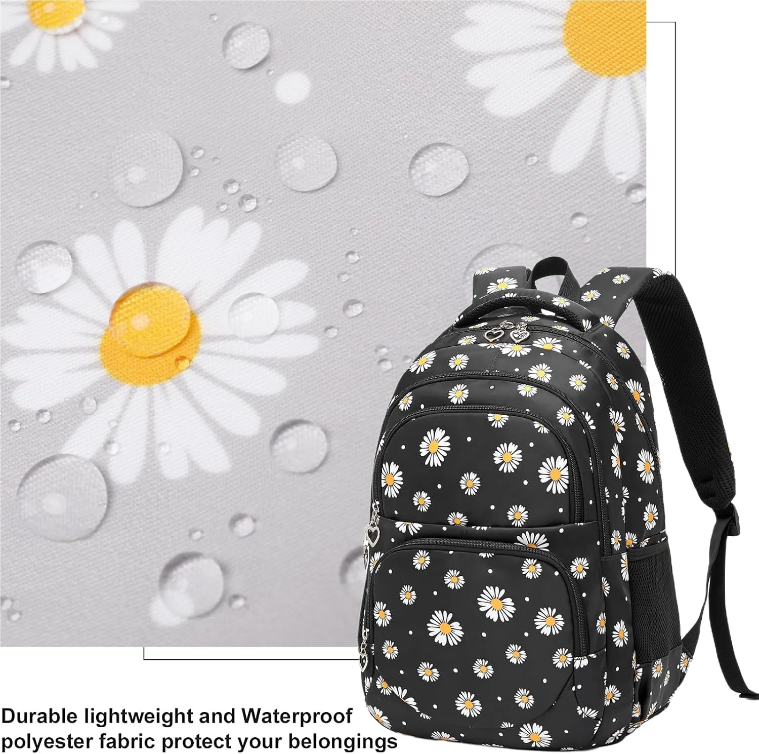 Joyfulife Lightweight Water Resistant Daisy Backpacks for Girls School Backpack with Lunch Bag and Pencil Case