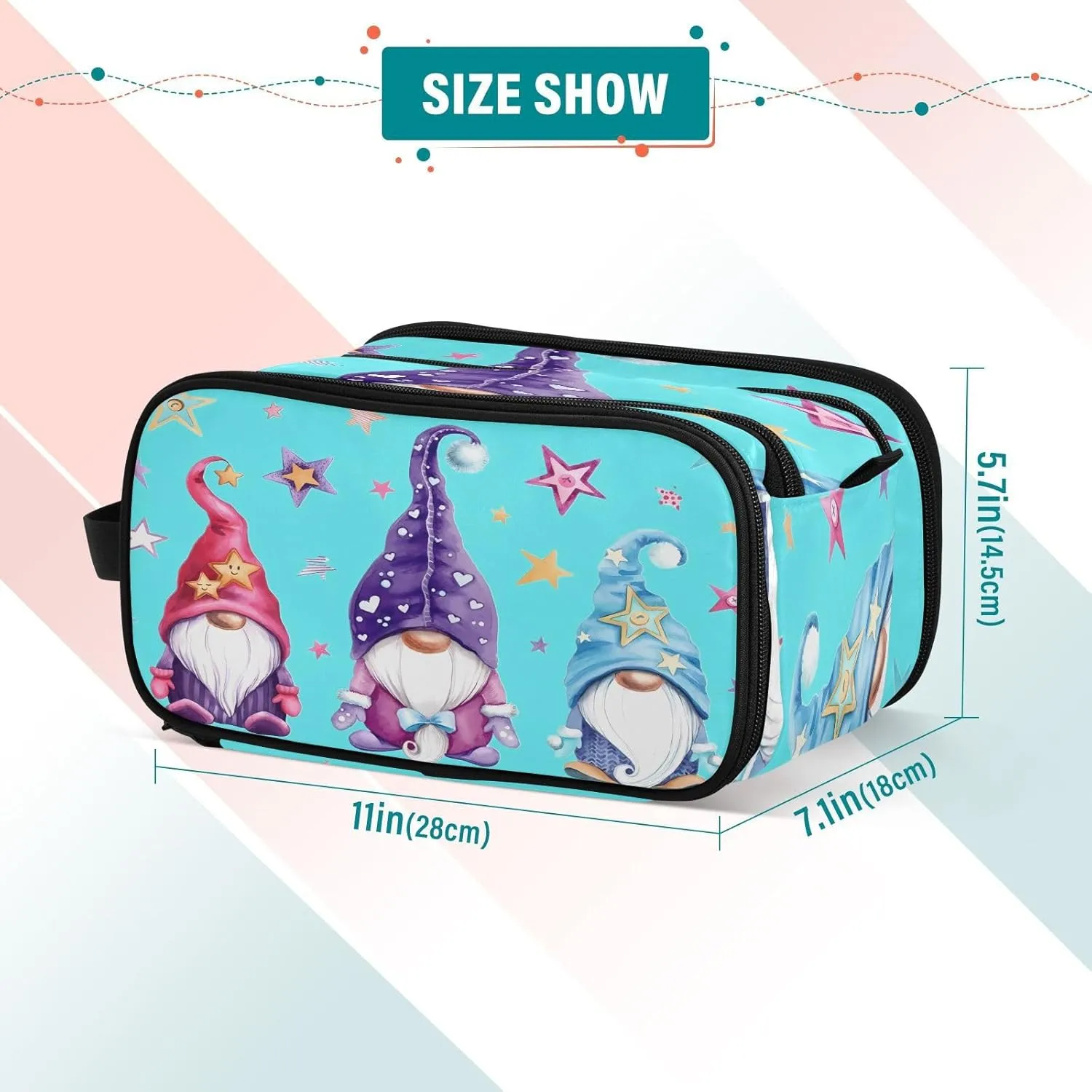 JSTEL Gnome Cosmetic Bag with Brush Compartment,Three Layer Makeup Bag Polyester Toiletry Bag Gnome Theme Travel Make Up Bag Organizer Bag
