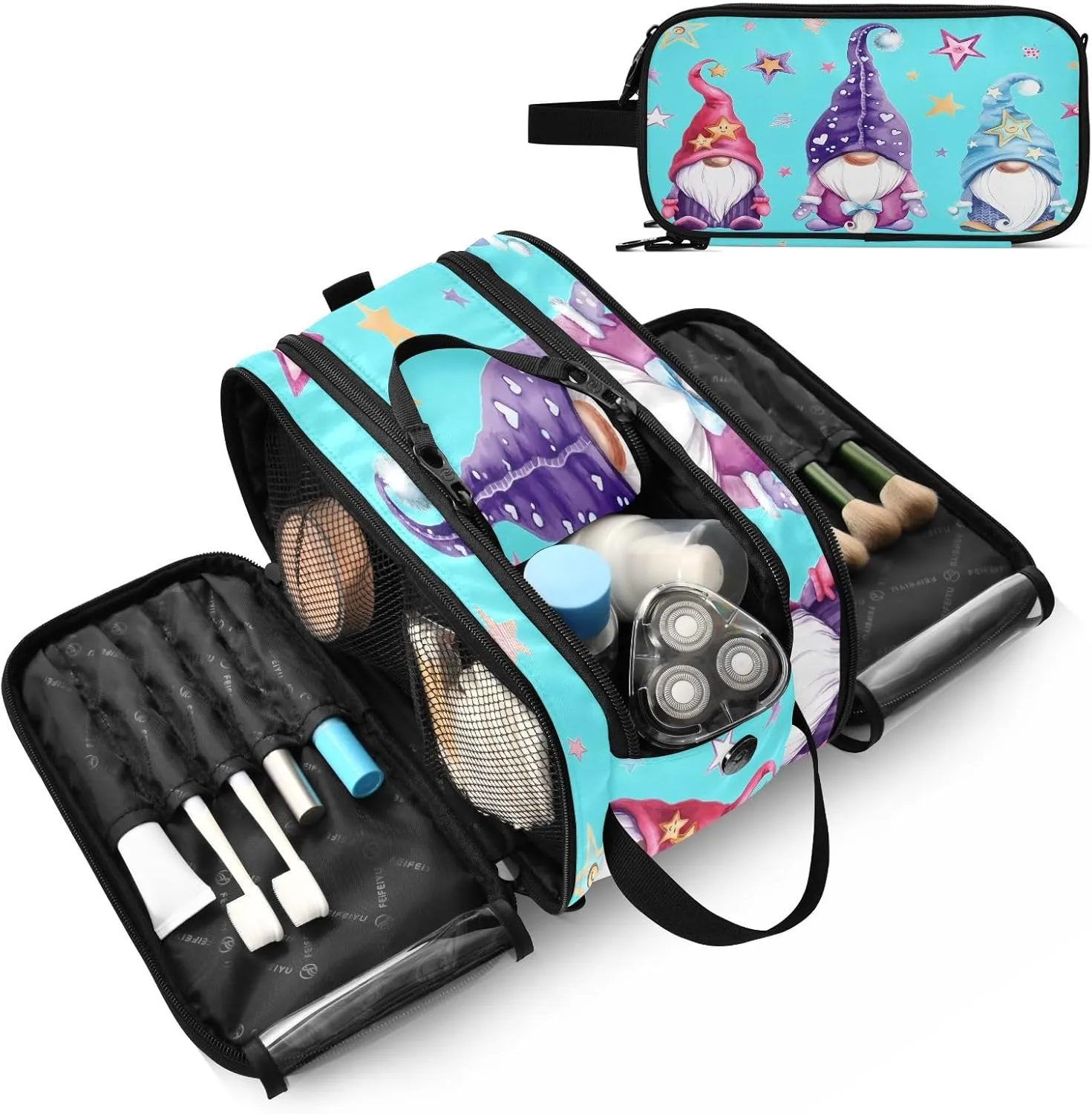 JSTEL Gnome Cosmetic Bag with Brush Compartment,Three Layer Makeup Bag Polyester Toiletry Bag Gnome Theme Travel Make Up Bag Organizer Bag