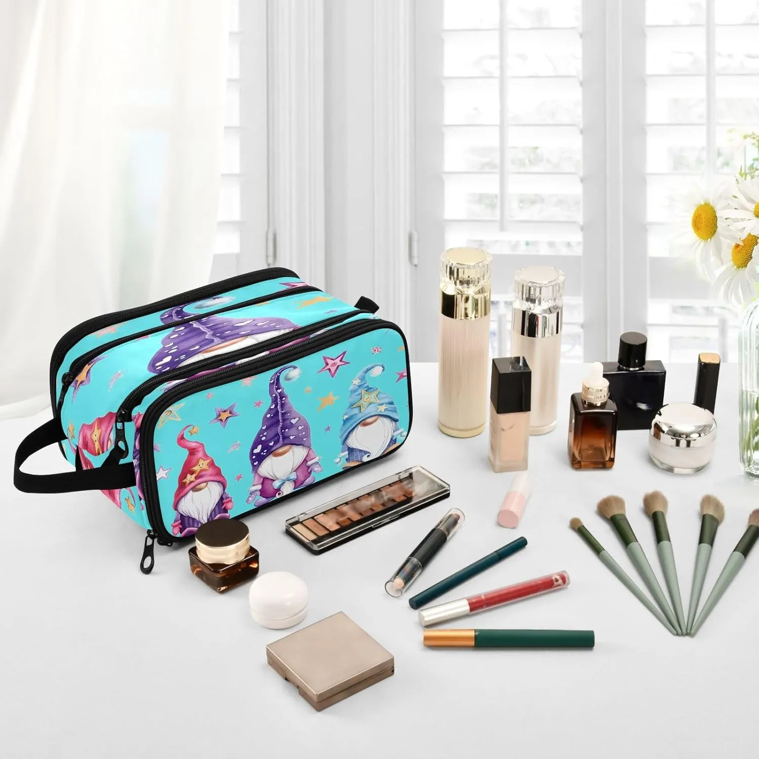 JSTEL Gnome Cosmetic Bag with Brush Compartment,Three Layer Makeup Bag Polyester Toiletry Bag Gnome Theme Travel Make Up Bag Organizer Bag