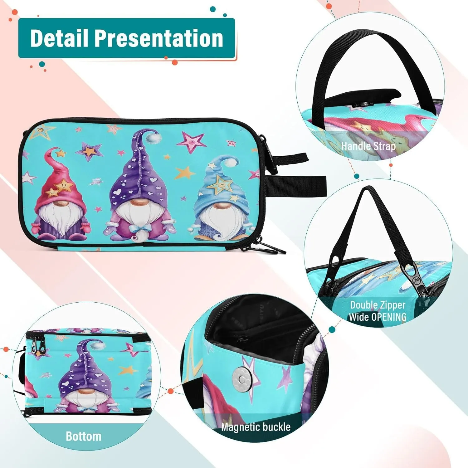 JSTEL Gnome Cosmetic Bag with Brush Compartment,Three Layer Makeup Bag Polyester Toiletry Bag Gnome Theme Travel Make Up Bag Organizer Bag