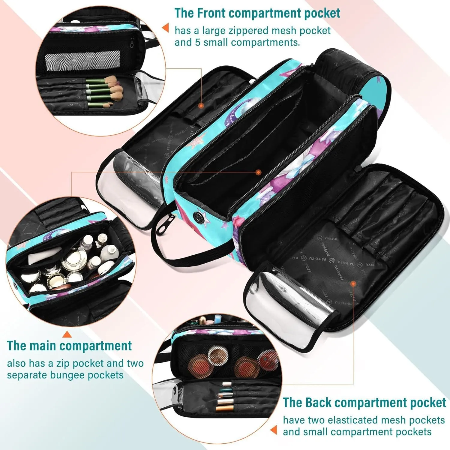 JSTEL Gnome Cosmetic Bag with Brush Compartment,Three Layer Makeup Bag Polyester Toiletry Bag Gnome Theme Travel Make Up Bag Organizer Bag