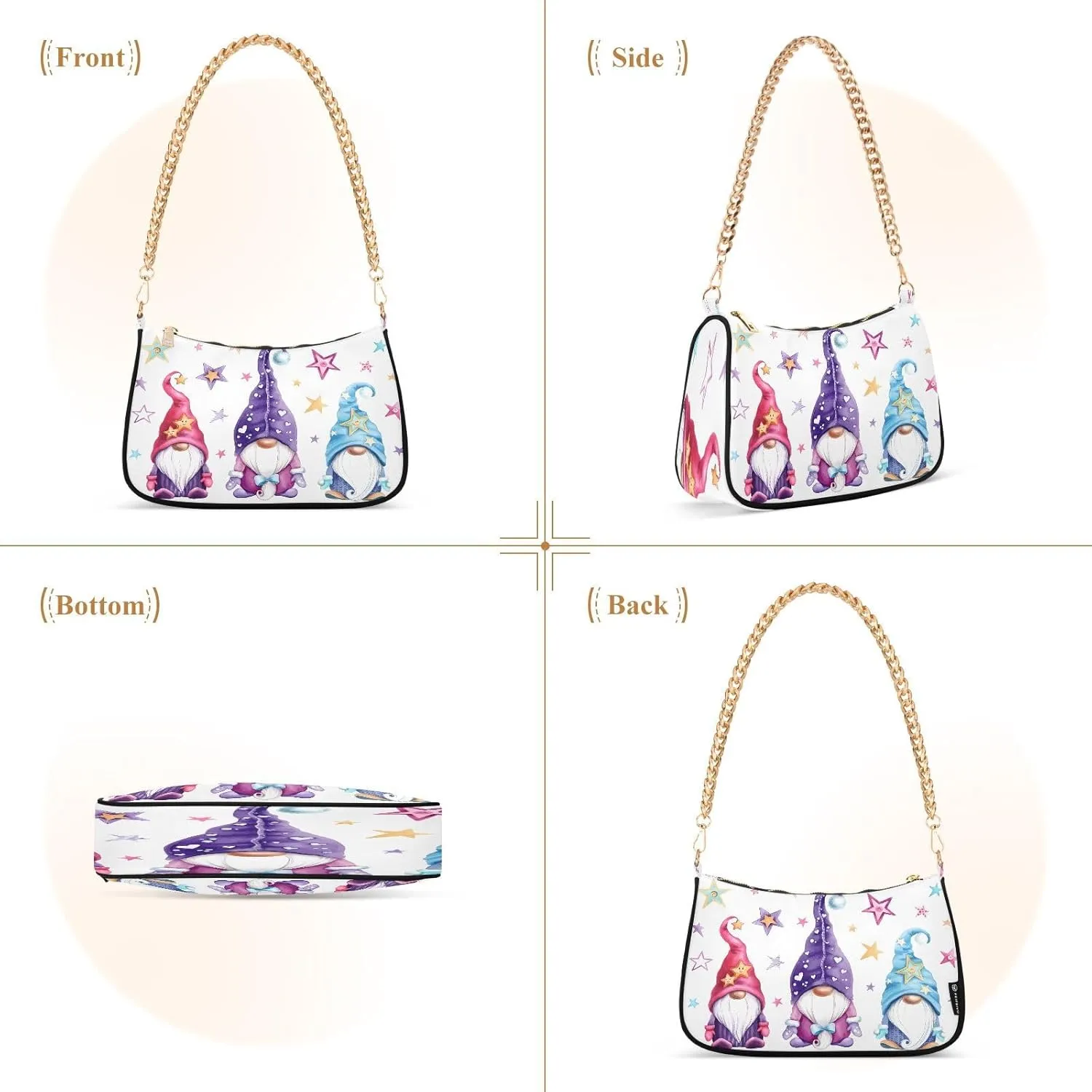 JSTEL Gnome Shoulder Purses for Women,Gnome Shoulder Bag Purse Womens Crescent Crossbody Bag