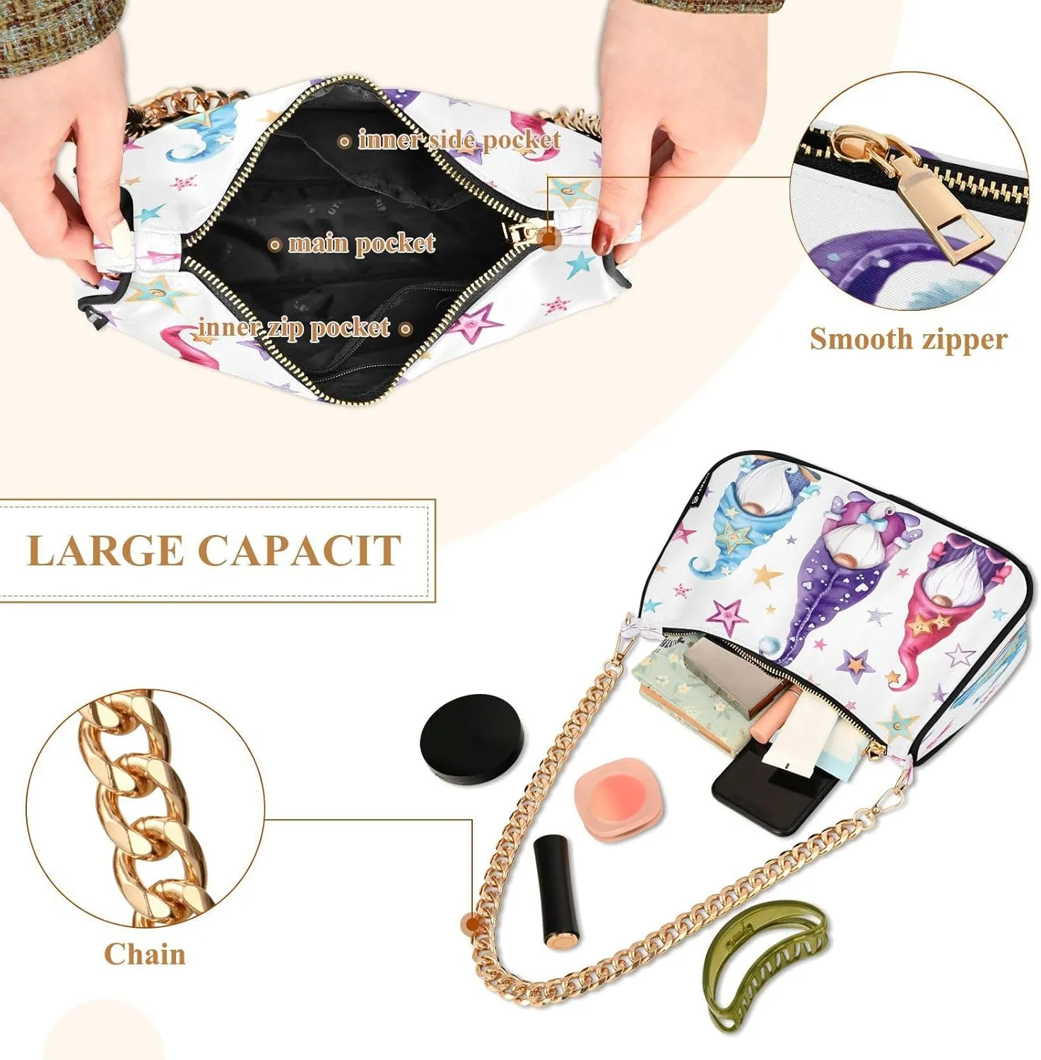 JSTEL Gnome Shoulder Purses for Women,Gnome Shoulder Bag Purse Womens Crescent Crossbody Bag