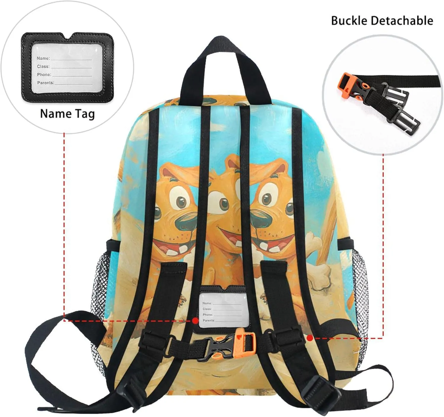 JUNZAN Dog Digging for Bones Kid Boys Backpack Bottle Pockets Books Bag for Amusement Park