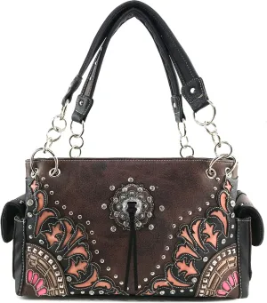 Justin West Autumn Fringe Cut Concho Rhinestone Concealed Carry Handbag Purse Matching Wallet