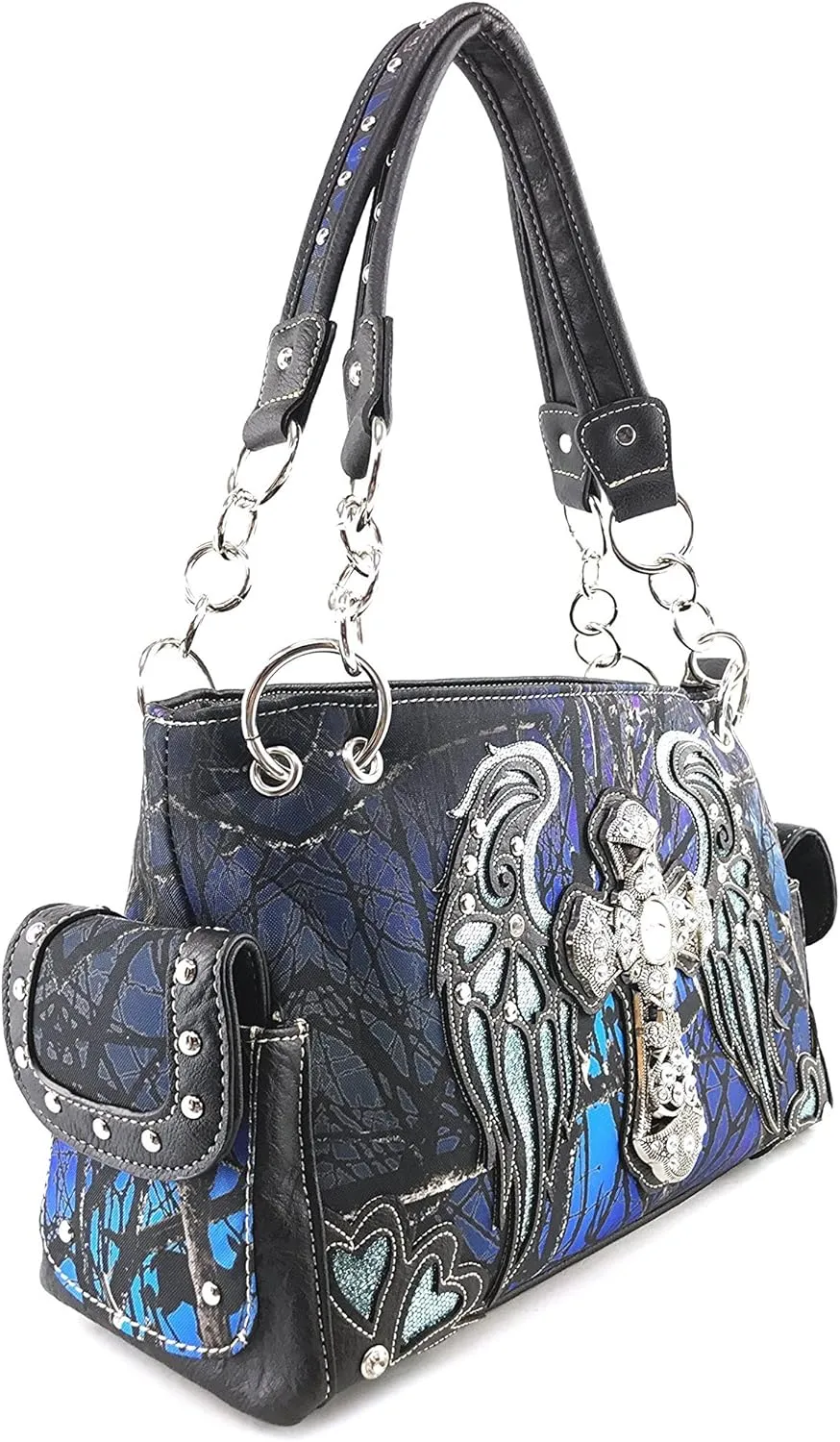 Justin West Camouflage Tree Bling Rhinestone Angel Wing Cross Shoulder Concealed Carry Handbag Purse