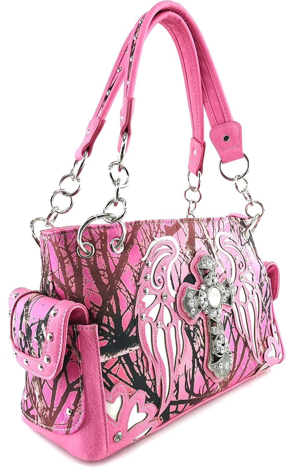 Justin West Camouflage Tree Bling Rhinestone Angel Wing Cross Shoulder Concealed Carry Handbag Purse