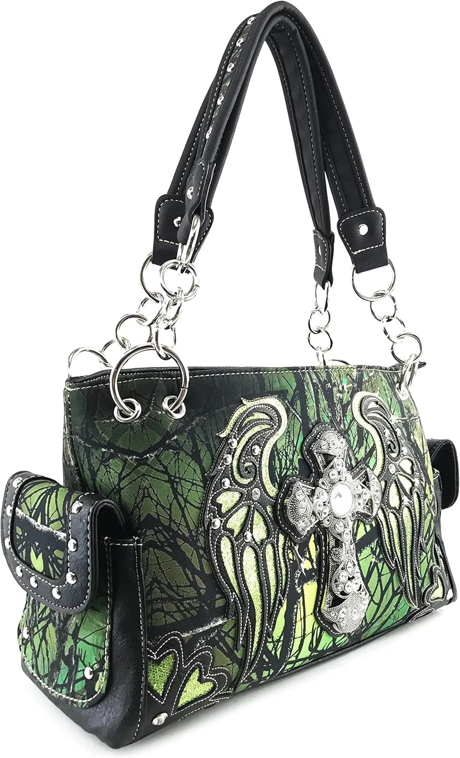 Justin West Camouflage Tree Bling Rhinestone Angel Wing Cross Shoulder Concealed Carry Handbag Purse