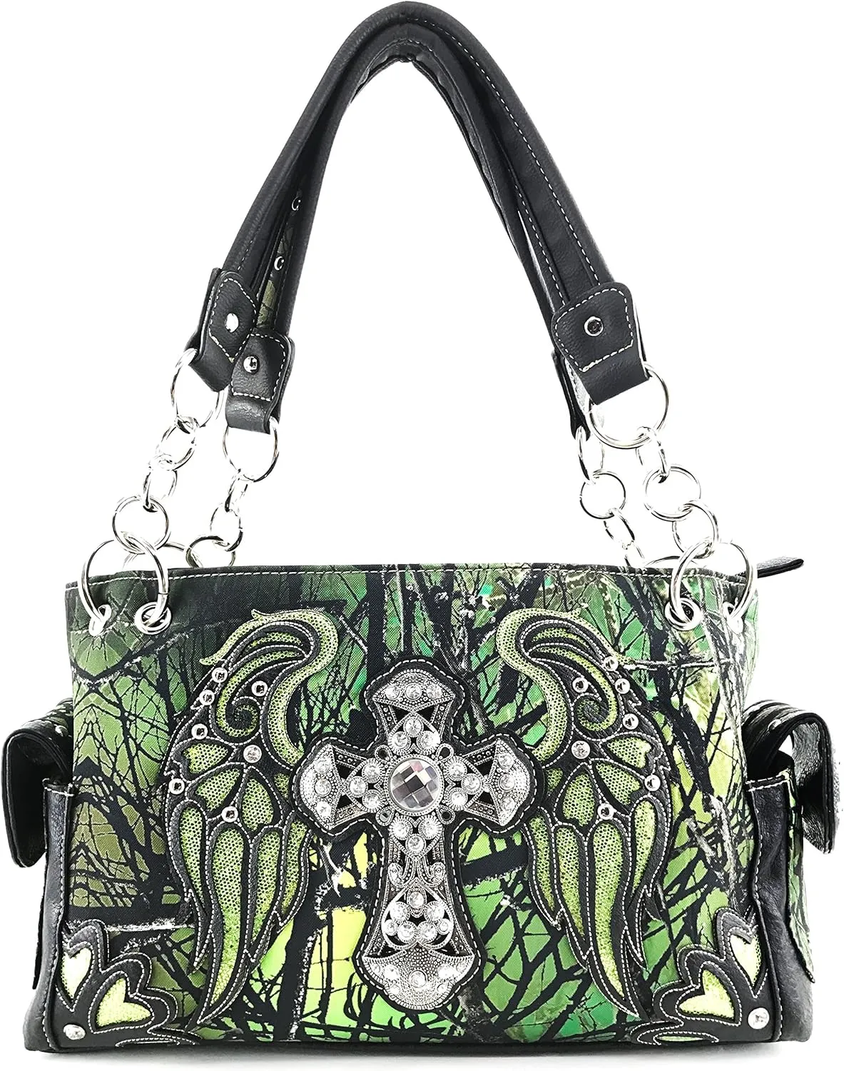 Justin West Camouflage Tree Bling Rhinestone Angel Wing Cross Shoulder Concealed Carry Handbag Purse