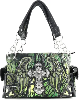 Justin West Camouflage Tree Bling Rhinestone Angel Wing Cross Shoulder Concealed Carry Handbag Purse